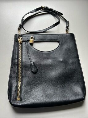 Tom Ford Alix Padlock Zip Tote Black Grained Leather Foldover Shoulder Bag